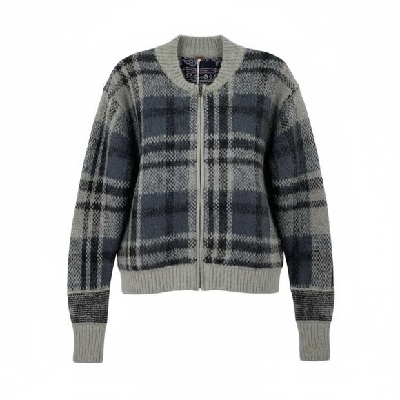 Free People Plaid Cardigan Sweater Jacket Sz L Wool Alpaca Gray - Picture 2 of 10